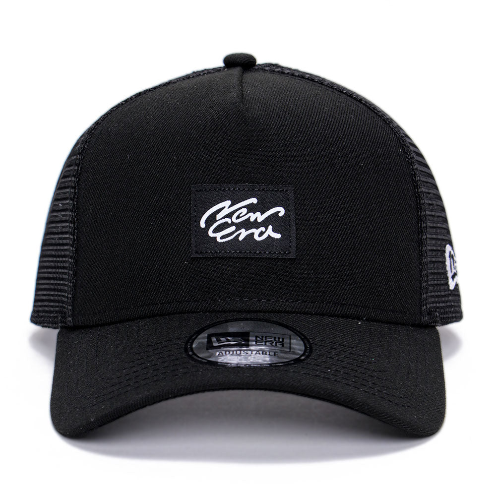 New Era Script Woven Patch Black 9FORTY A-Frame Trucker Snapback Cap