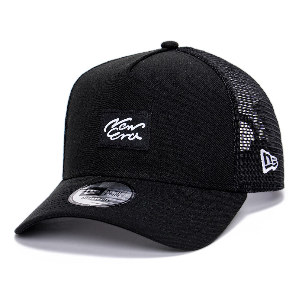 New Era Script Woven Patch Black 9FORTY A-Frame Trucker Snapback Cap