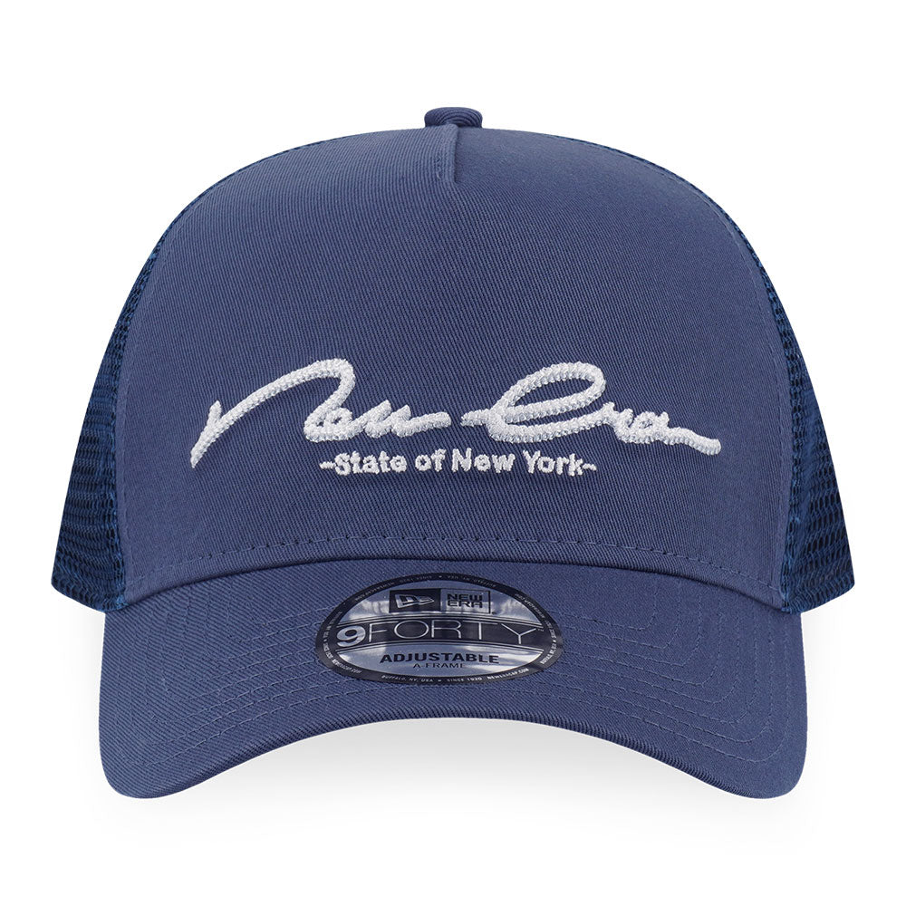 New Era Script Basic FW25 Muted Indigo 9FORTY A-Frame Trucker Snapback Cap