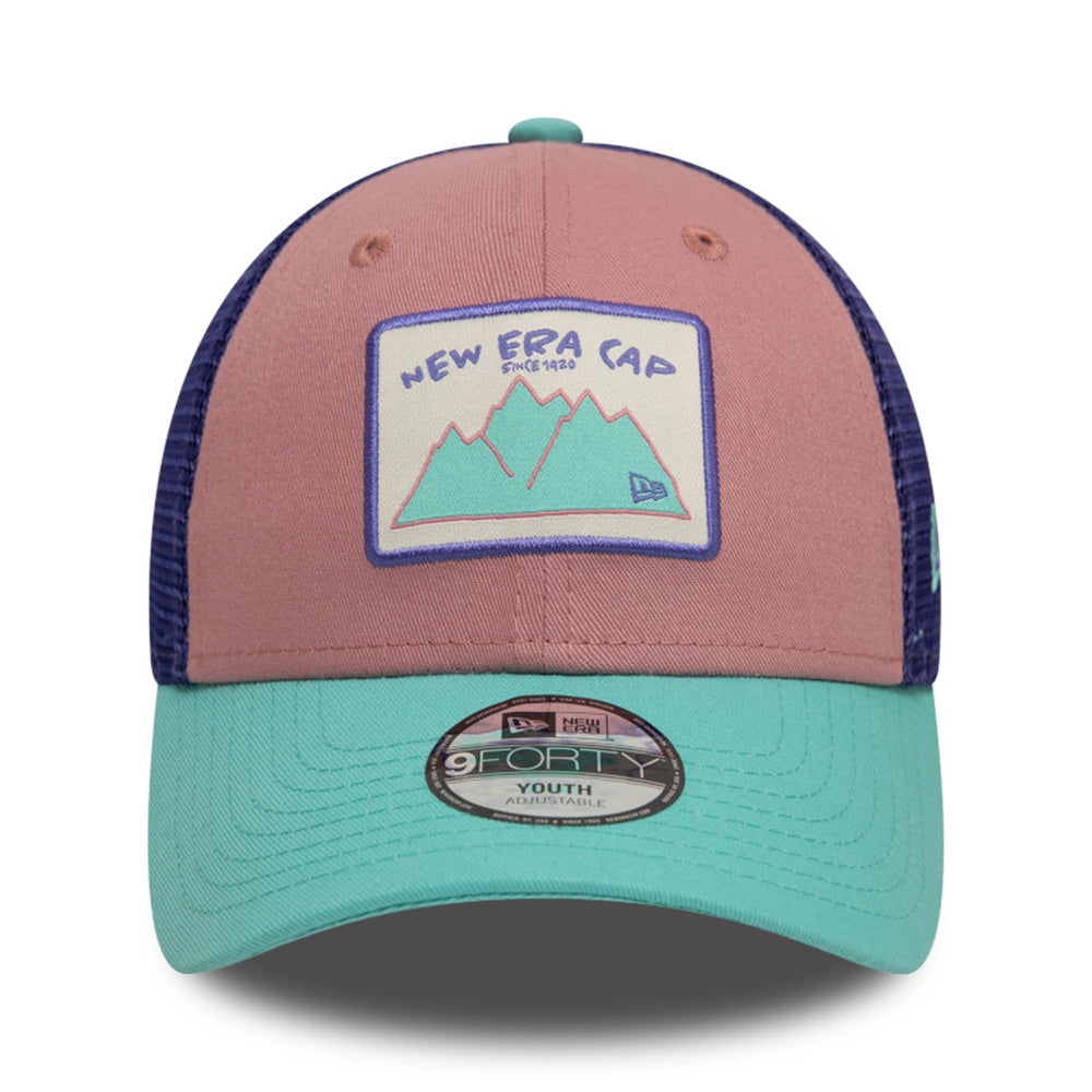 New Era Mountain Patch Two Tone Cosmetic Pink Youth 9FORTY Trucker Snapback Cap