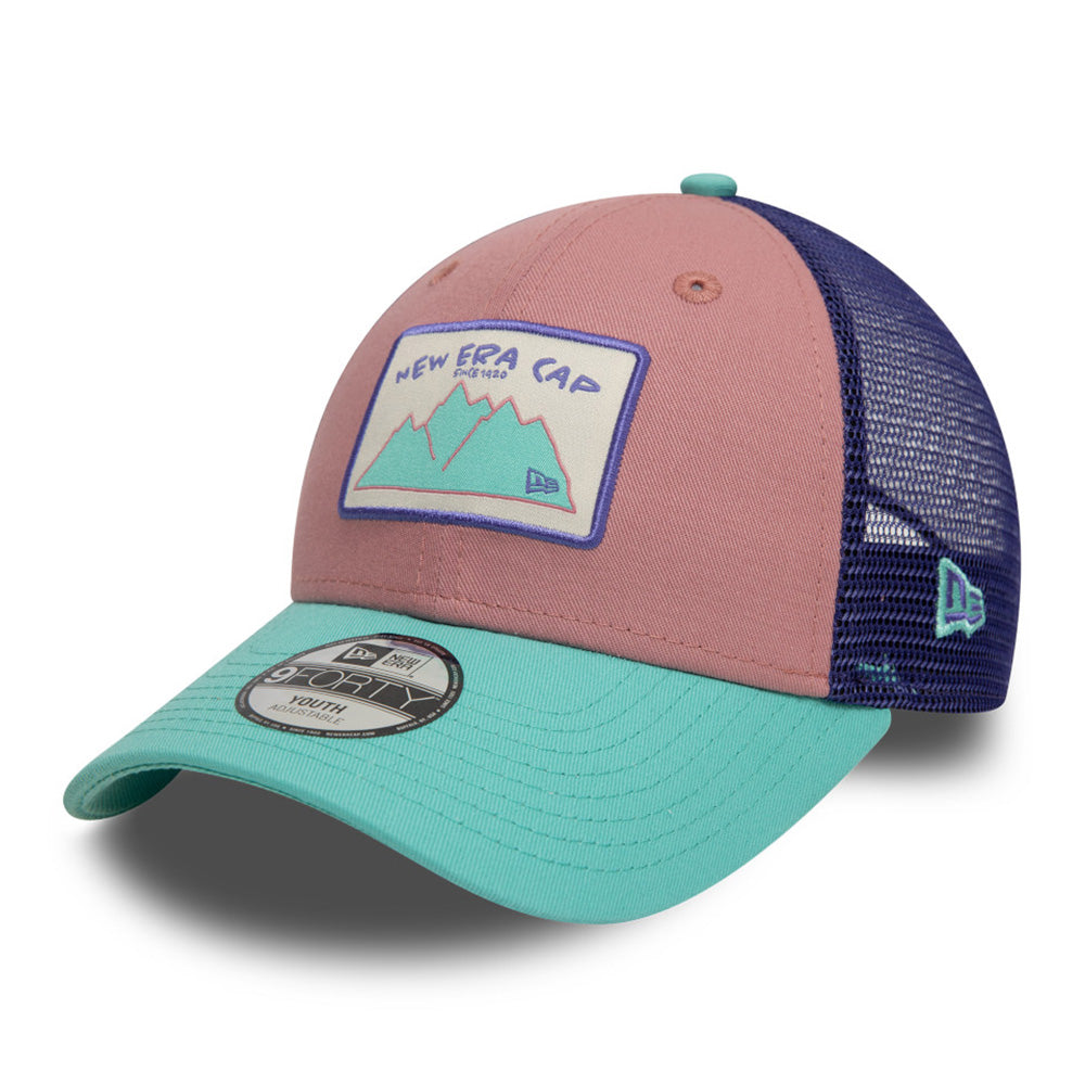 New Era Mountain Patch Two Tone Cosmetic Pink Youth 9FORTY Trucker Snapback Cap