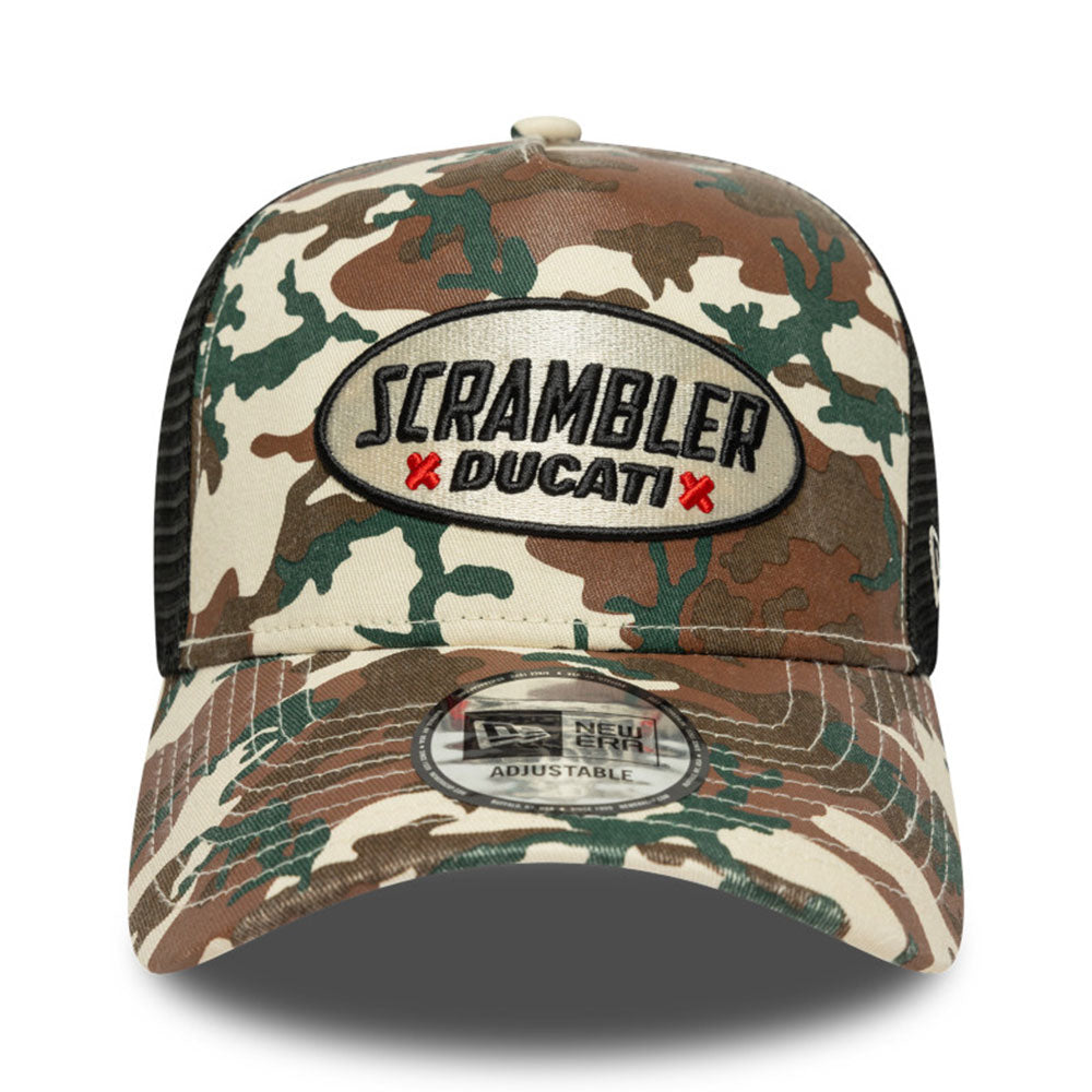 New Era Ducati Motorsport Logo Scrambler Light Cream Camo 9FORTY A-Frame Trucker Snapback Cap
