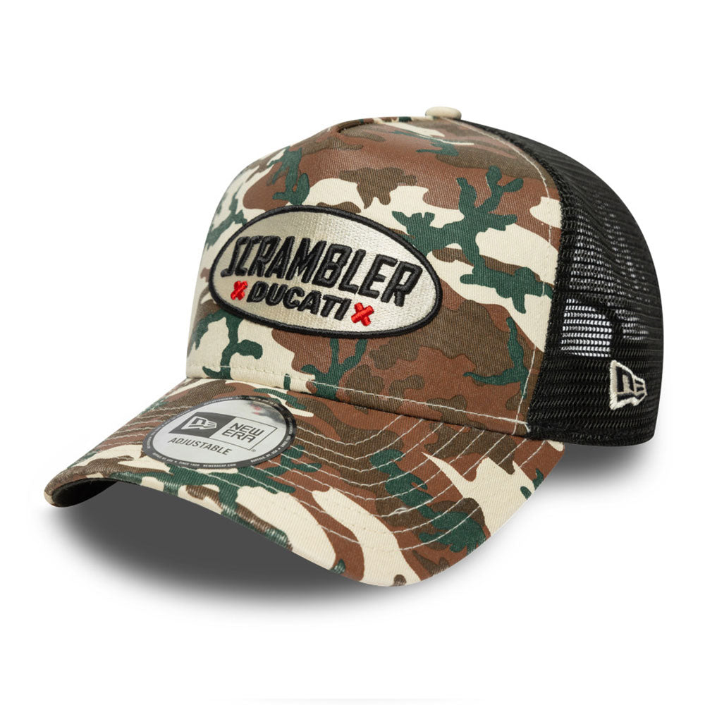 New Era Ducati Motorsport Logo Scrambler Light Cream Camo 9FORTY A-Frame Trucker Snapback Cap