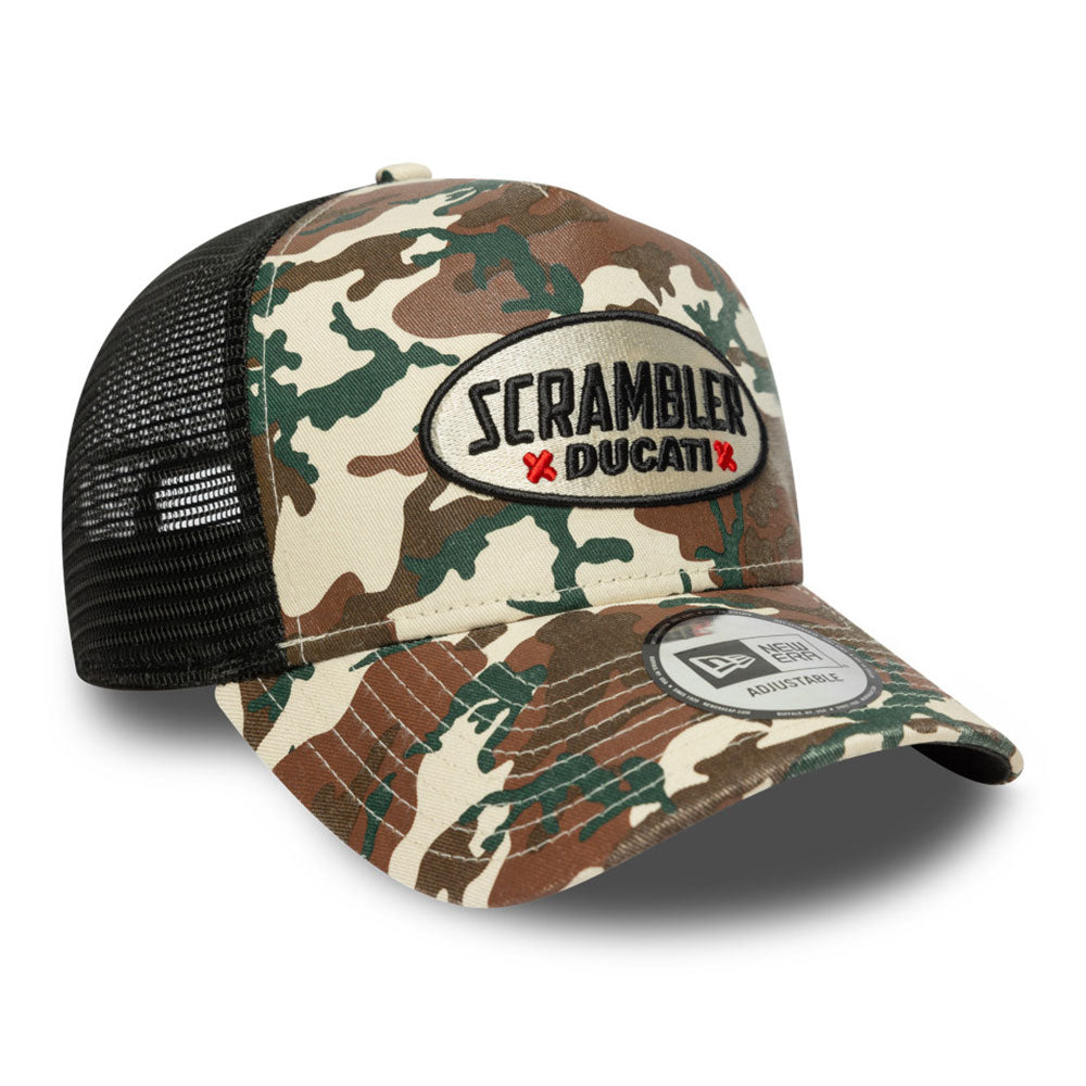 New Era Ducati Motorsport Logo Scrambler Light Cream Camo 9FORTY A-Frame Trucker Snapback Cap