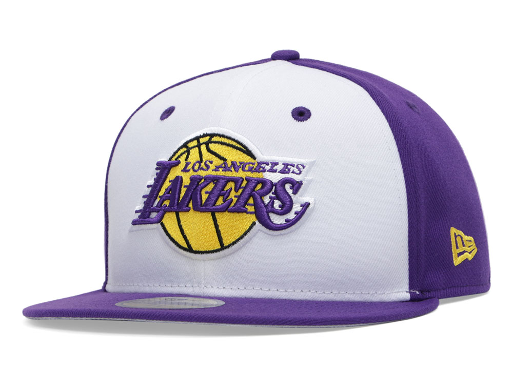 white and purple lakers hat