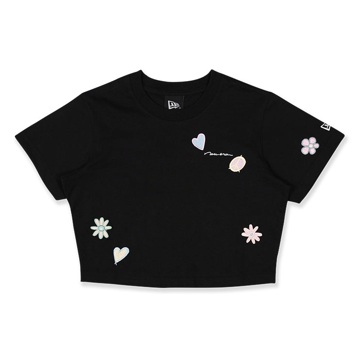 New Era Wordmark Script Botanical Women Black Short Sleeve Crop Top T-Shirt