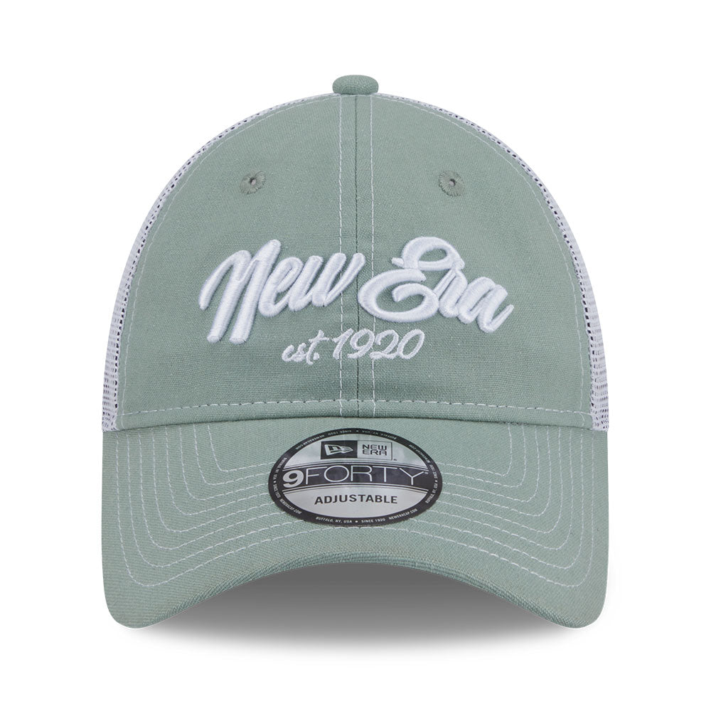 New Era Script Resort SS26 Everest Green White 9FORTY Unstructured Trucker Cap