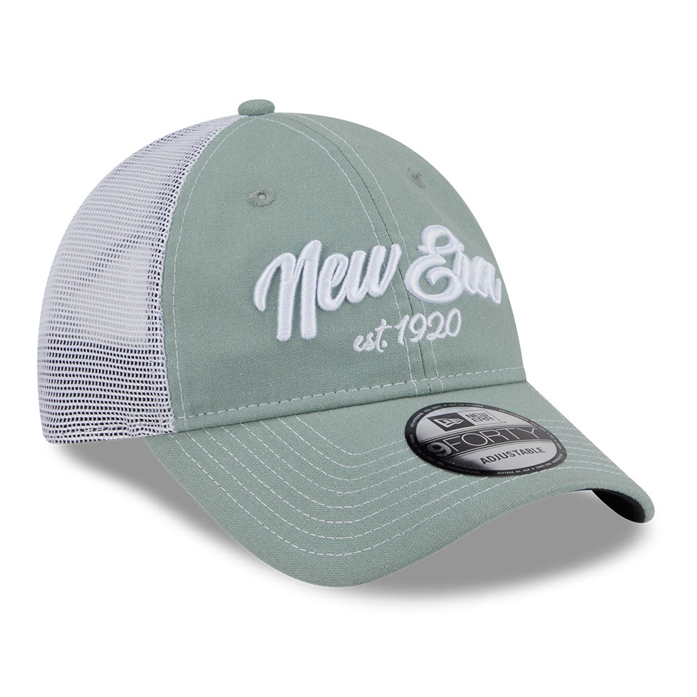 New Era Script Resort SS26 Everest Green White 9FORTY Unstructured Trucker Cap