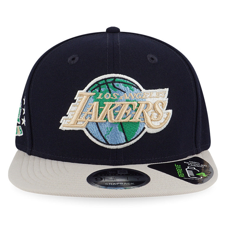 Los Angeles Lakers NBA World Navy on Stone REPREVE Pre-Curved Visor 9FIFTY Snapback Cap