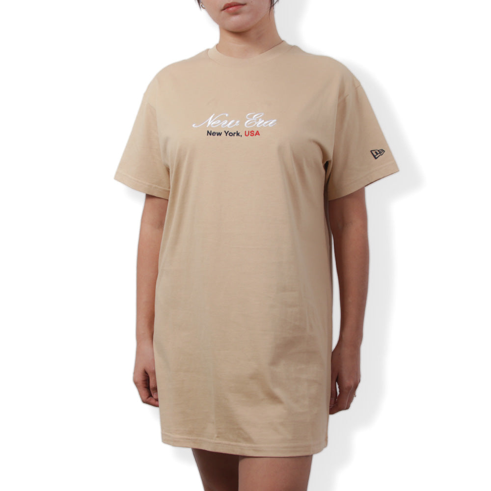 New Era Basic White Logo Script Oat Milk Women Short Sleeve Dress