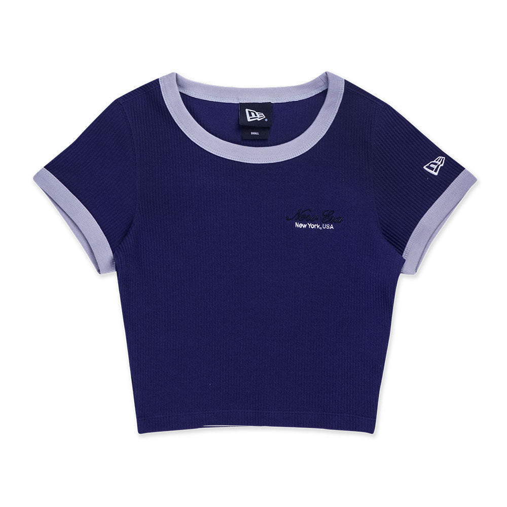 New Era Basic Black Logo Script Purple Women Crop Top Rib T-Shirt