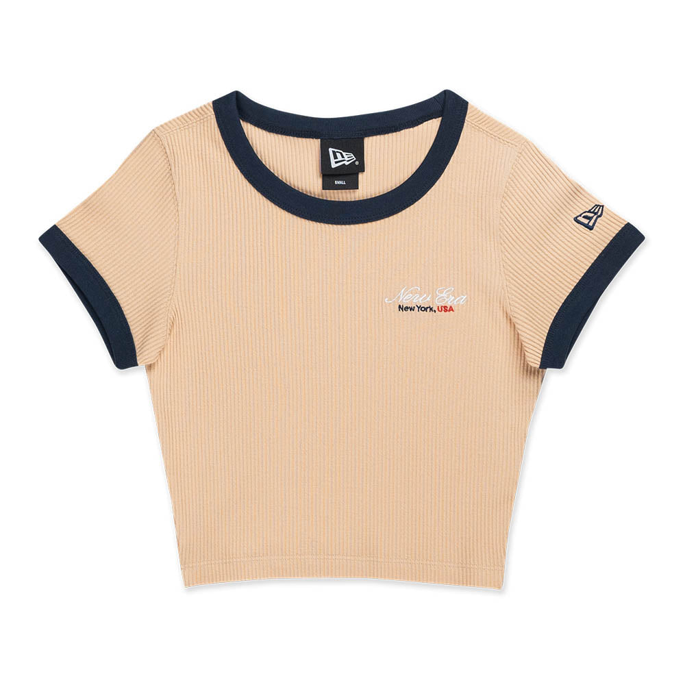 New Era Basic White Logo Script Oat Milk Women Crop Top Rib T-Shirt