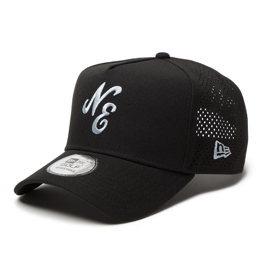 New Era Golf Script Logo Laser Black 9FORTY Trucker A-Frame Snapback Cap