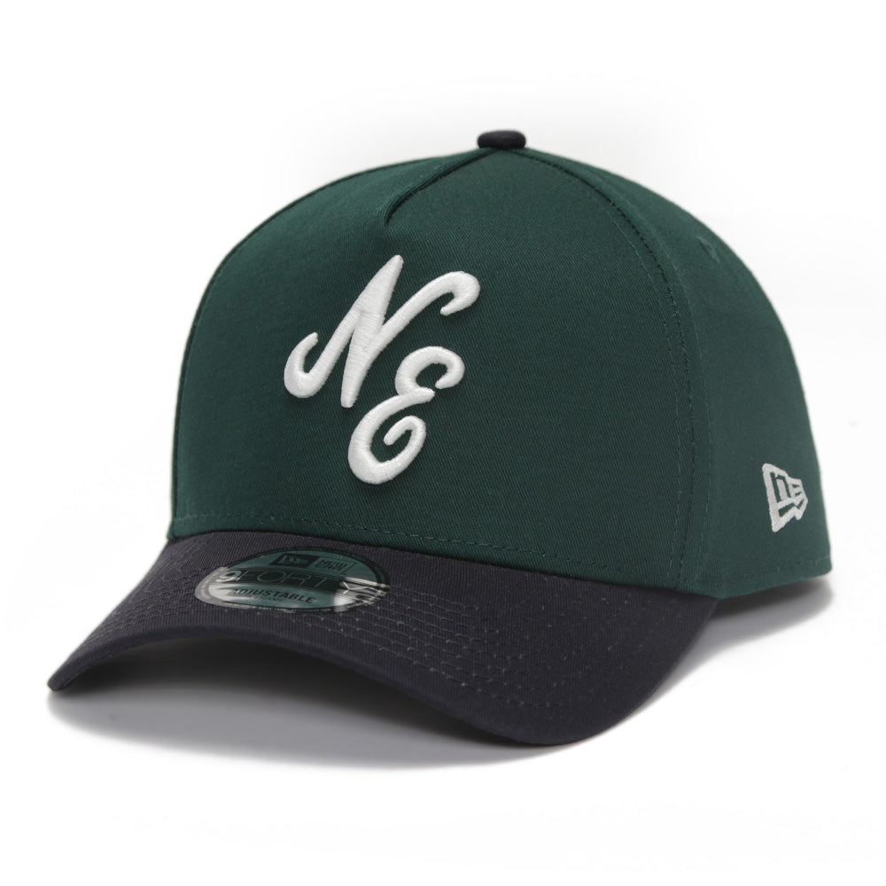 New Era Script Logo Seasonal Dark Green on Navy 9FORTY A-Frame Snapback Cap