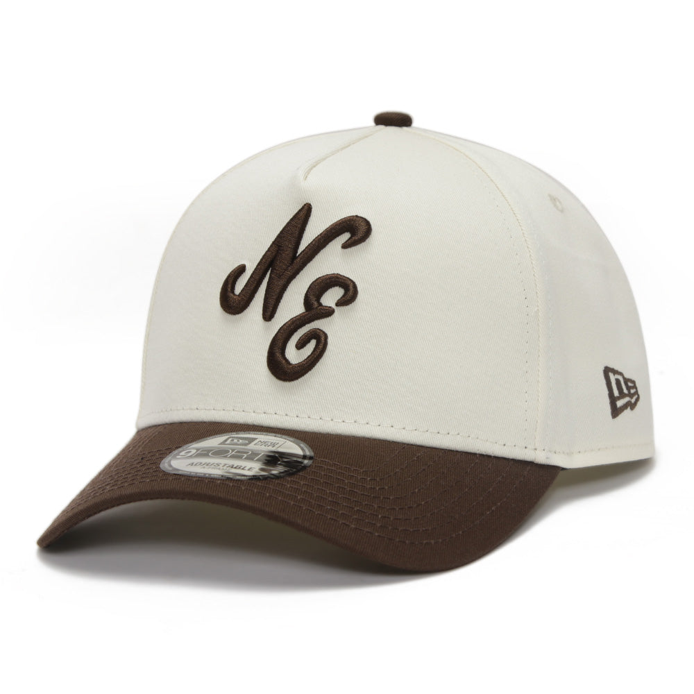 New Era Script Logo Seasonal Chrome White on Walnut 9FORTY A-Frame Snapback Cap