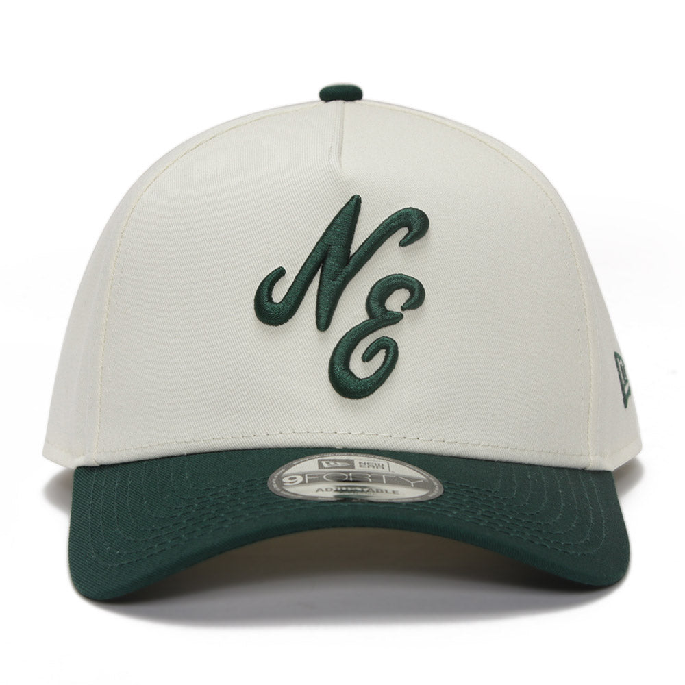 New Era Script Logo Seasonal Chrome White on Dark Green 9FORTY A-Frame Snapback Cap