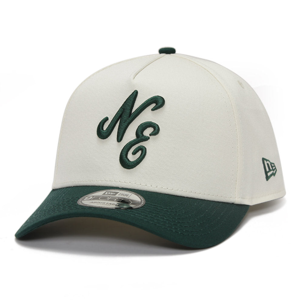 New Era Script Logo Seasonal Chrome White on Dark Green 9FORTY A-Frame Snapback Cap