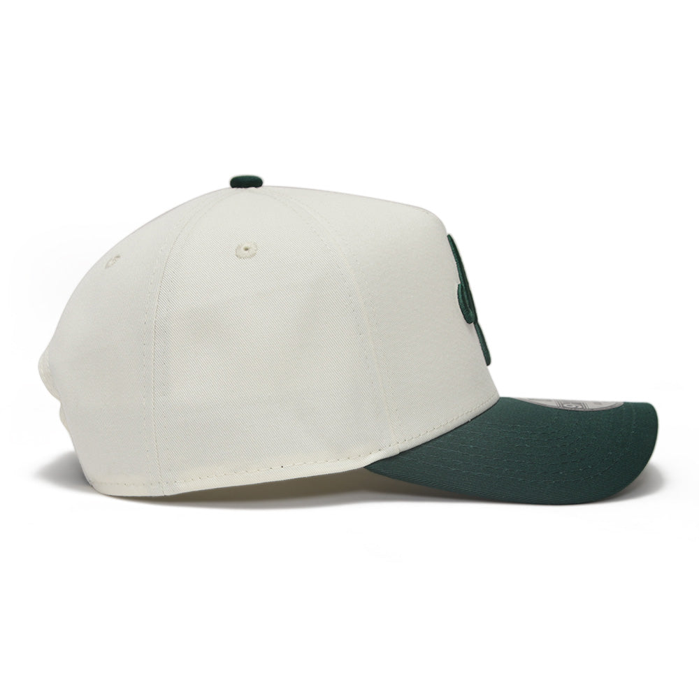 New Era Script Logo Seasonal Chrome White on Dark Green 9FORTY A-Frame Snapback Cap