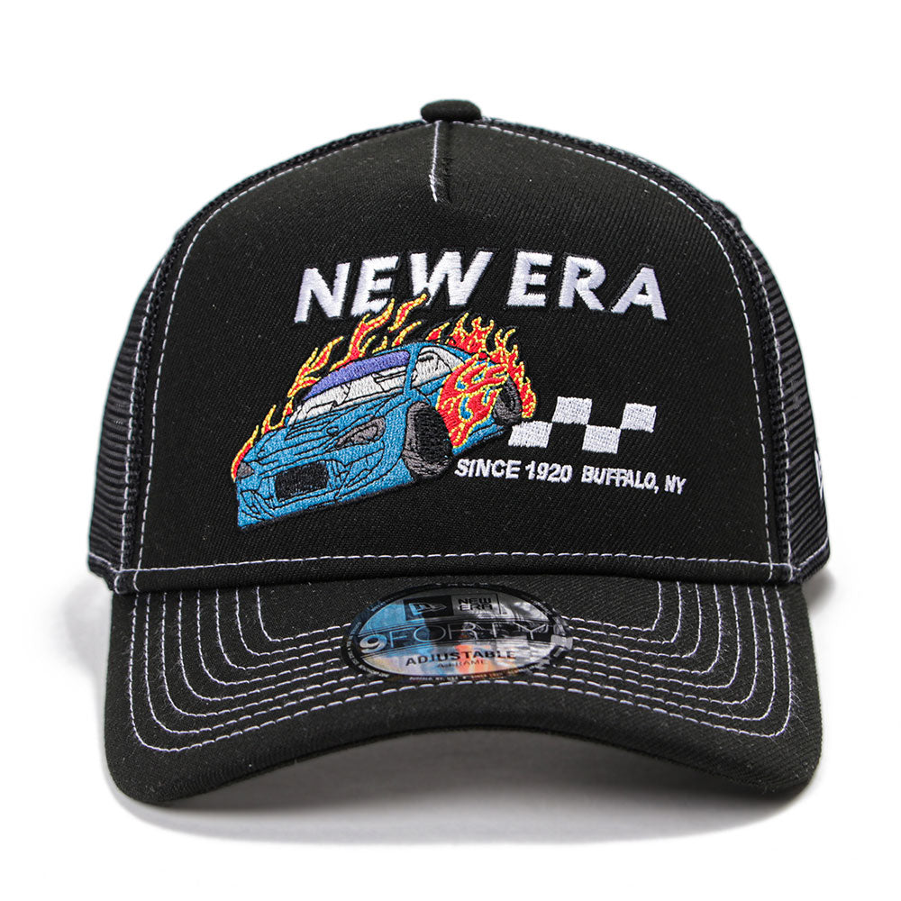 New Era Wordmark Racing Black 9FORTY A-Frame Trucker Snapback Cap