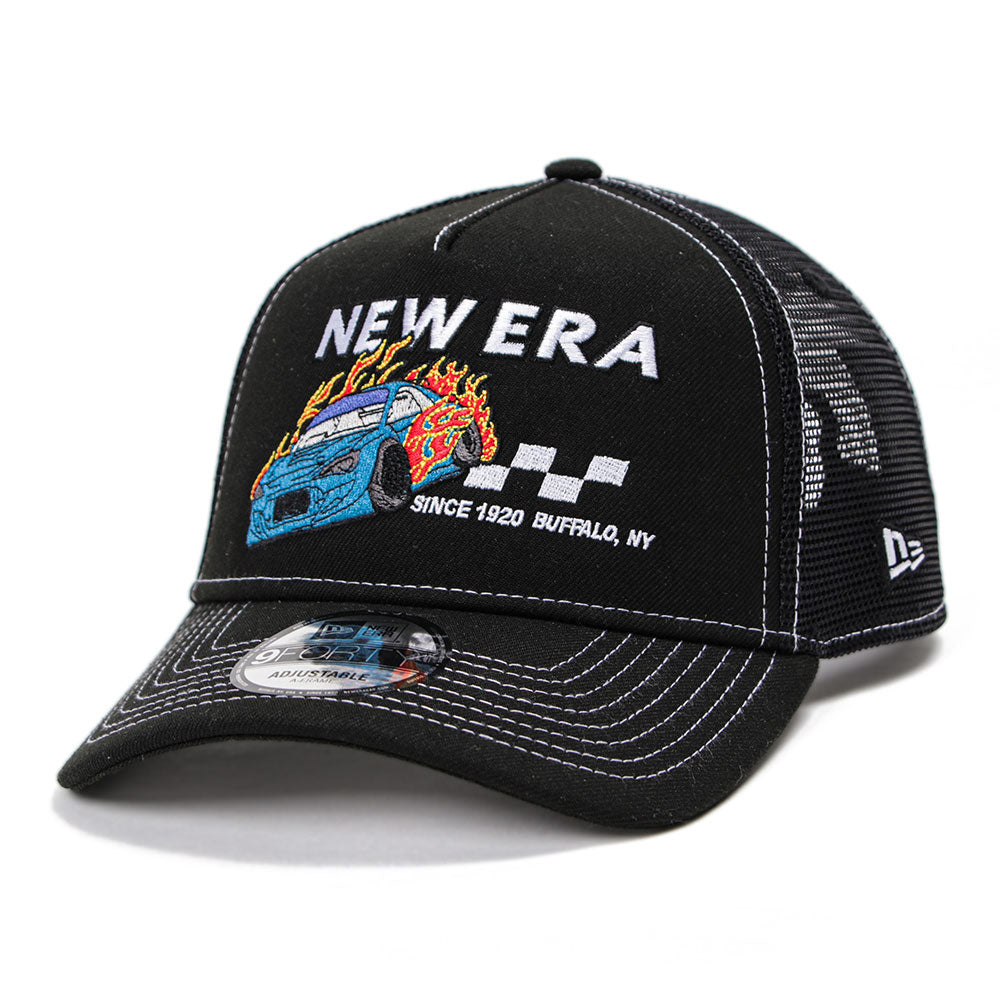 New Era Wordmark Racing Black 9FORTY A-Frame Trucker Snapback Cap