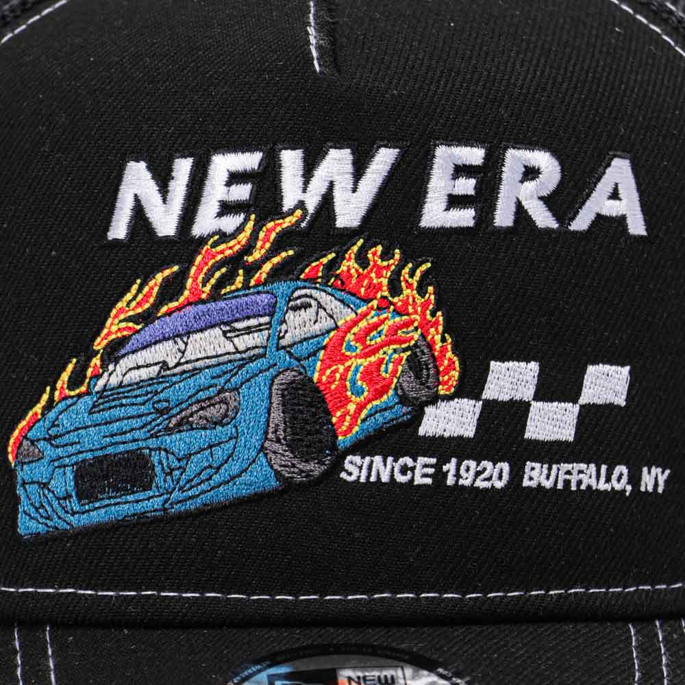 New Era Wordmark Racing Black 9FORTY A-Frame Trucker Snapback Cap