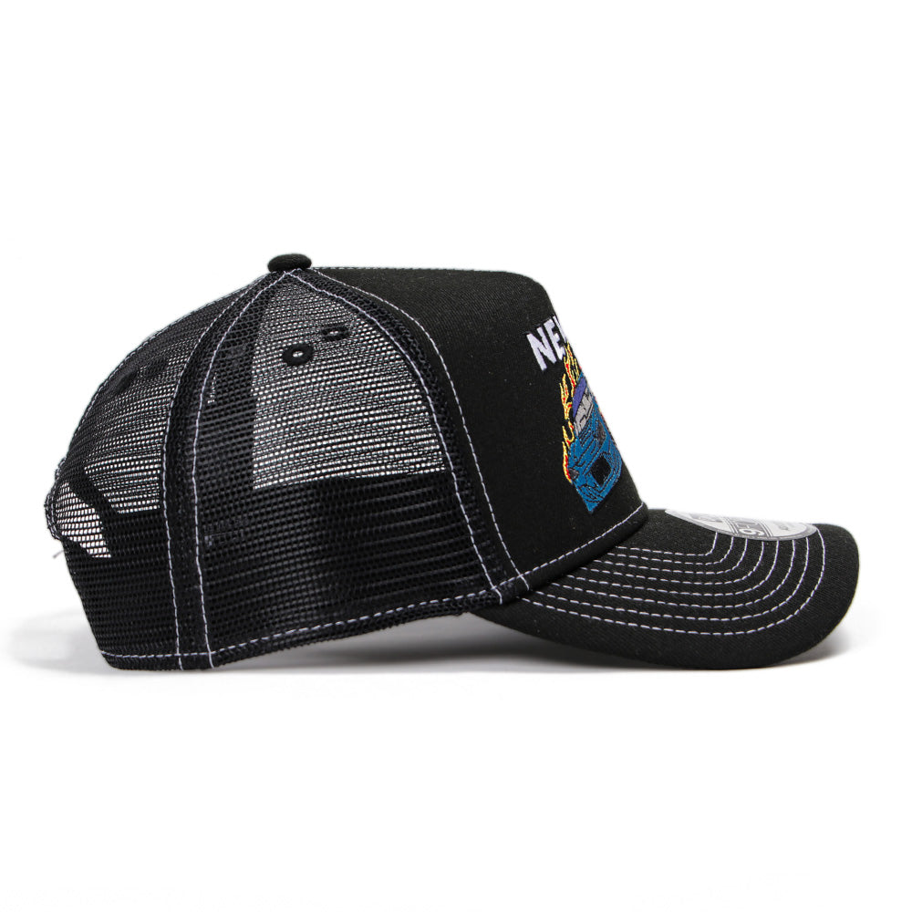 New Era Wordmark Racing Black 9FORTY A-Frame Trucker Snapback Cap