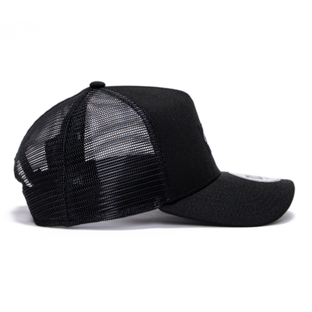 New Era Script Woven Patch Black 9FORTY A-Frame Trucker Snapback Cap