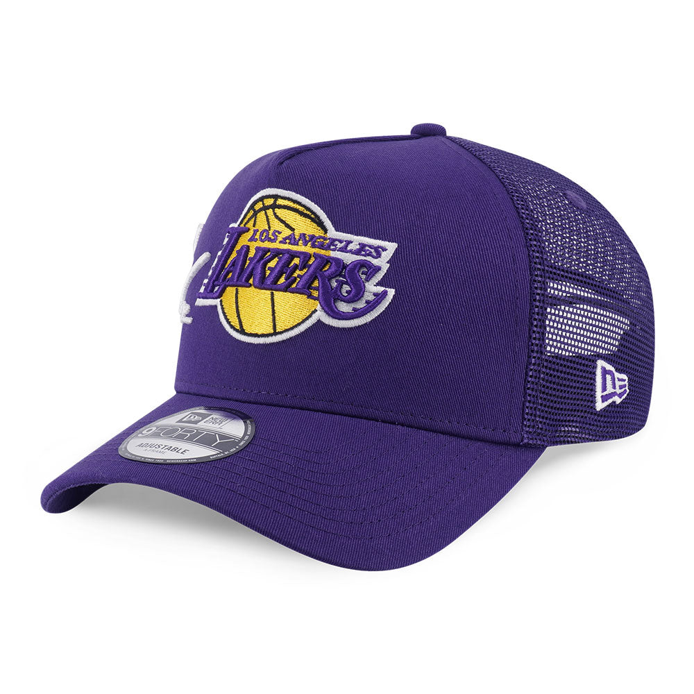 New Era Los Angeles Lakers Mix League Script Purple 9FORTY A-Frame Trucker Snapback Cap