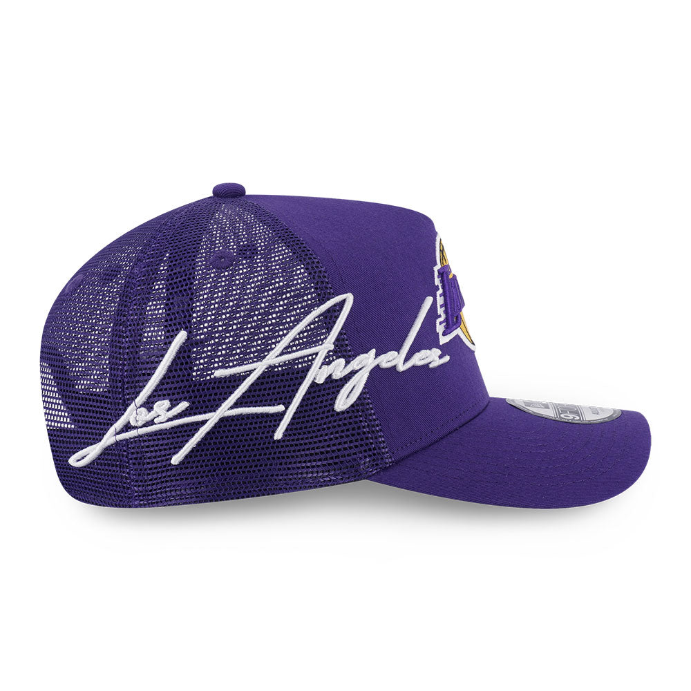New Era Los Angeles Lakers Mix League Script Purple 9FORTY A-Frame Trucker Snapback Cap