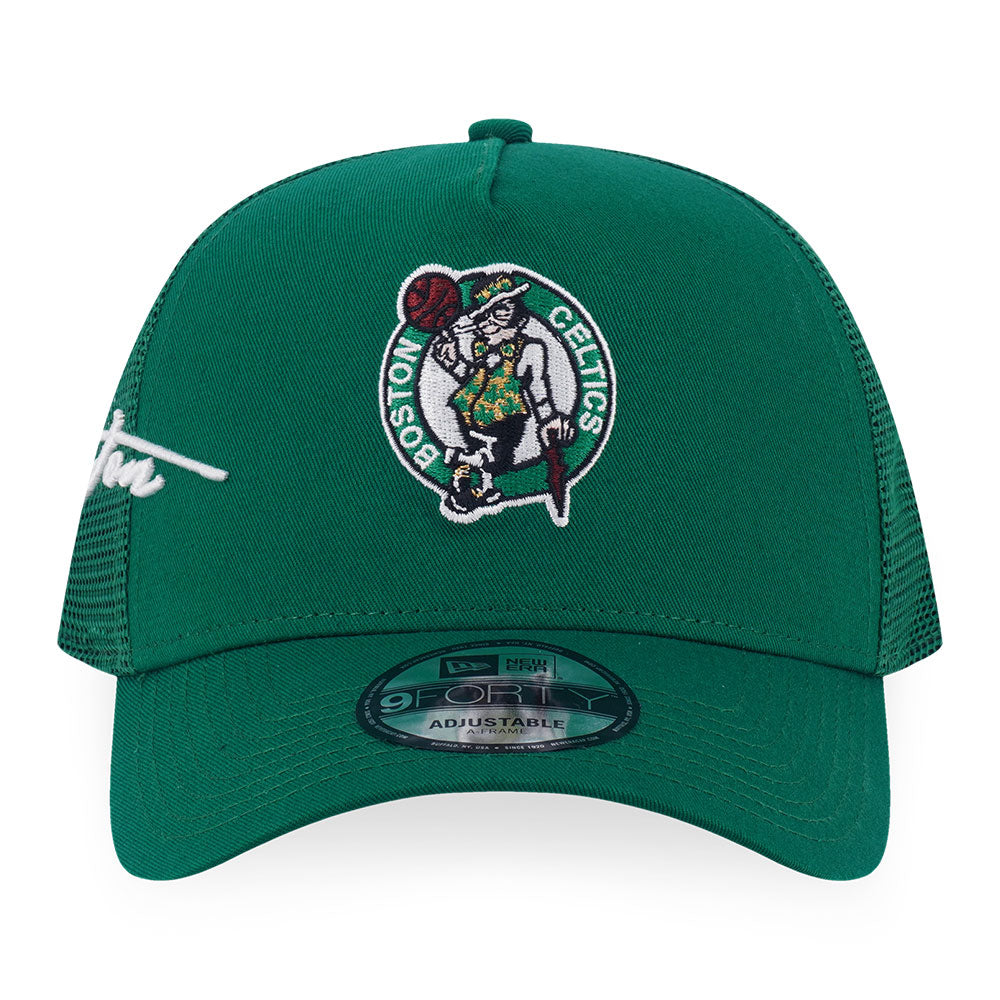 New Era Boston Celtics Mix League Script Kelly Green 9FORTY A-Frame Trucker Snapback Cap