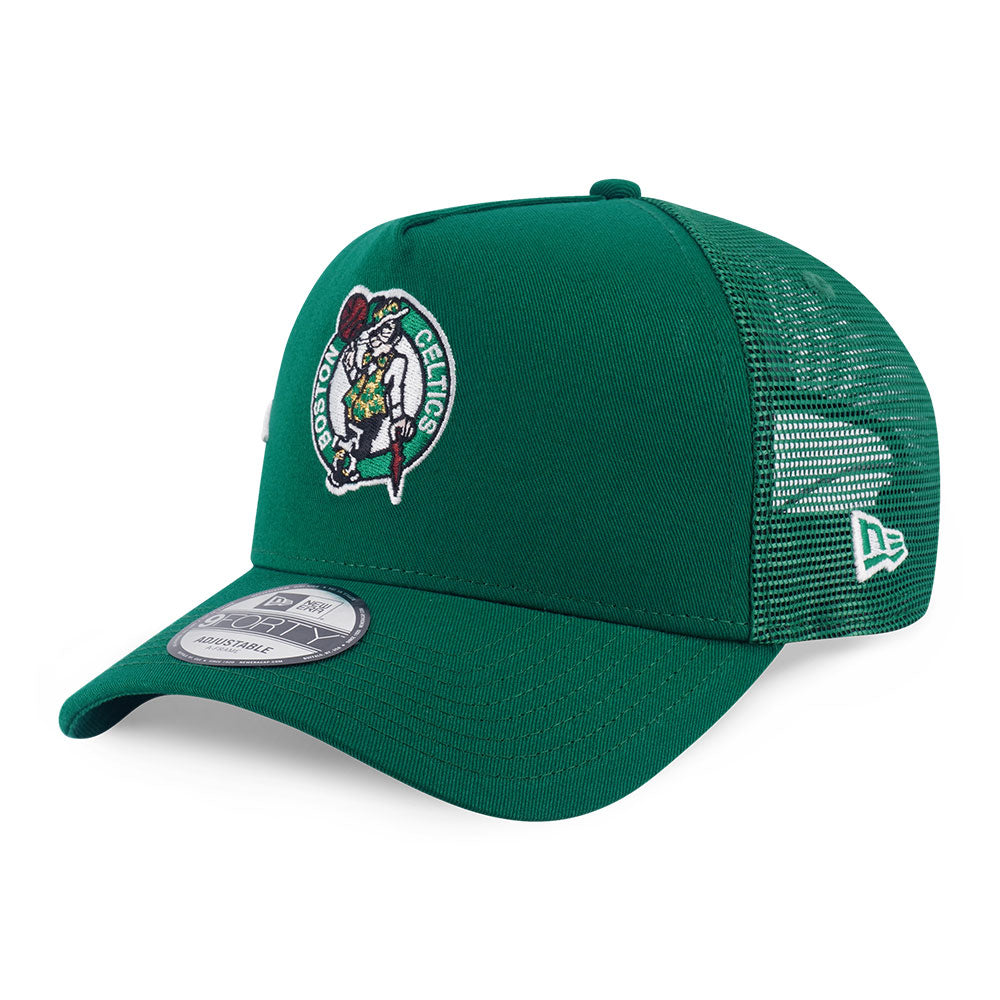 New Era Boston Celtics Mix League Script Kelly Green 9FORTY A-Frame Trucker Snapback Cap