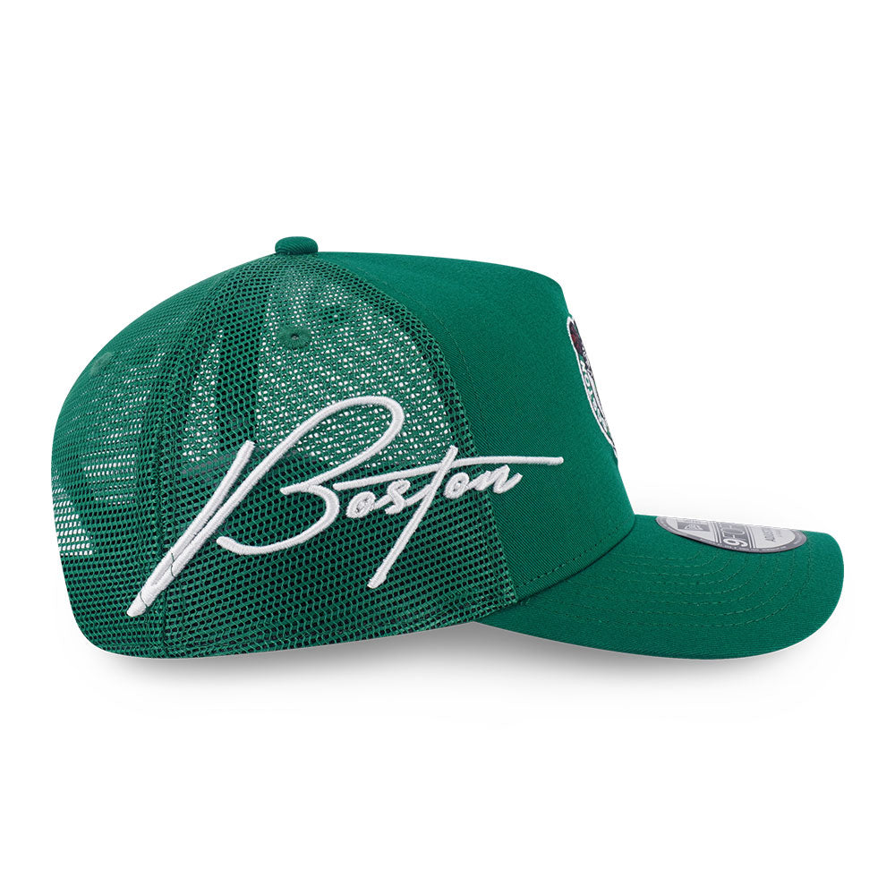 New Era Boston Celtics Mix League Script Kelly Green 9FORTY A-Frame Trucker Snapback Cap