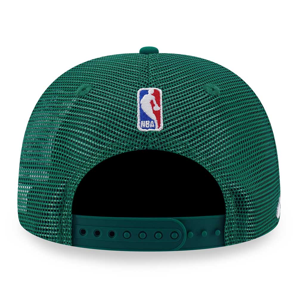 New Era Boston Celtics Mix League Script Kelly Green 9FORTY A-Frame Trucker Snapback Cap