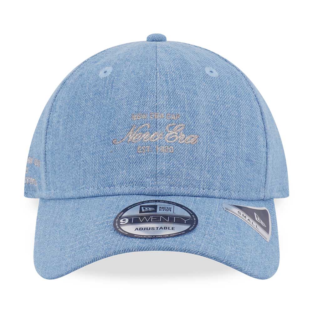 New Era Script FW25 Indigo Blue Denim 9TWENTY Small Adjustable Cap