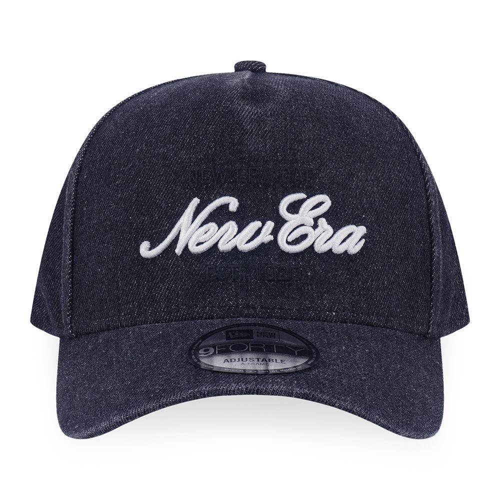 New Era Script FW25 Indigo Black Denim 9FORTY A-Frame Adjustable Cap
