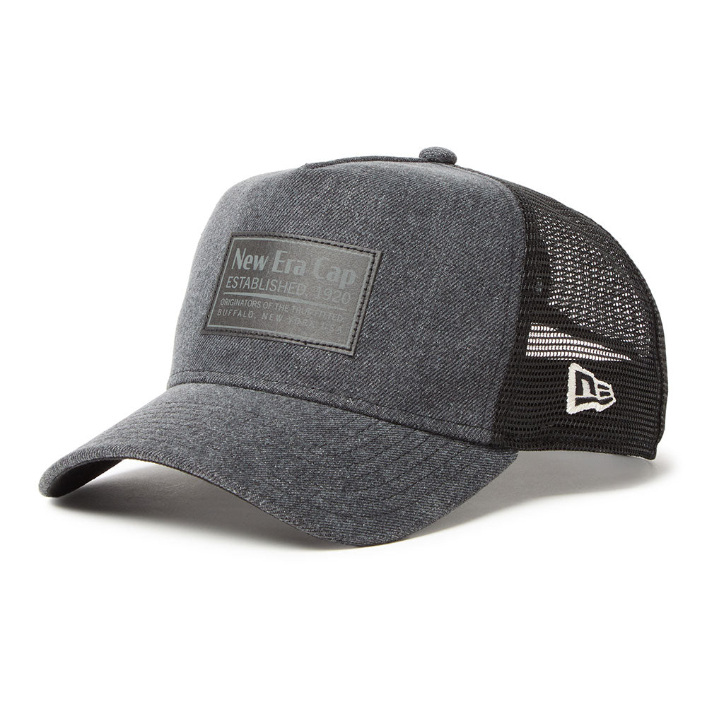 New Era Wordmark Denim Grey 9FORTY A-Frame Trucker Snapback Cap