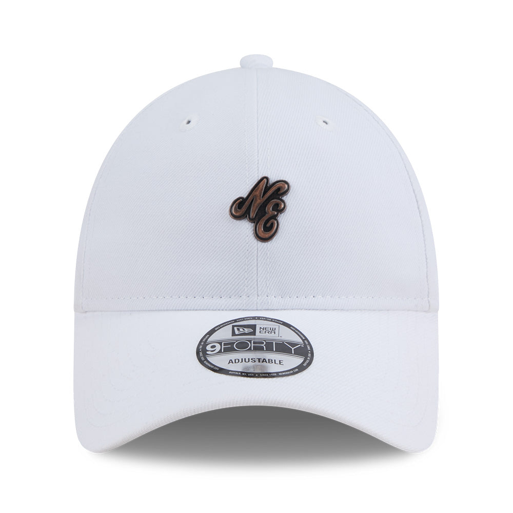 New Era NE Script Metal Bronze Badge White 9FORTY Unstructured Adjustable Cap