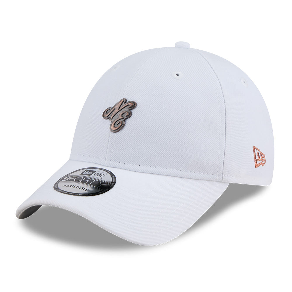 New Era NE Script Metal Bronze Badge White 9FORTY Unstructured Adjustable Cap