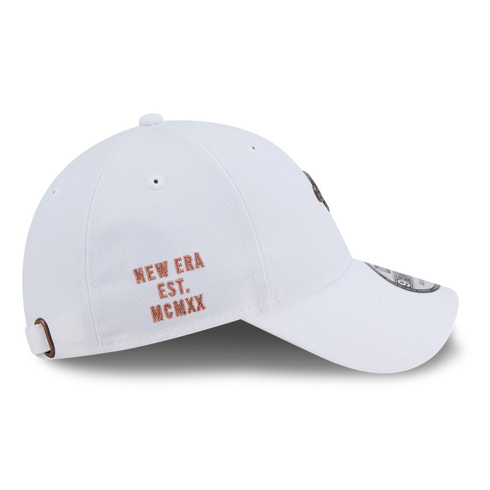 New Era NE Script Metal Bronze Badge White 9FORTY Unstructured Adjustable Cap