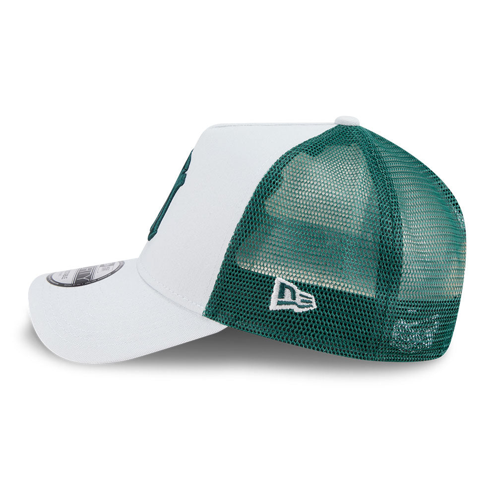 White and green trucker cap with mesh back on a white background