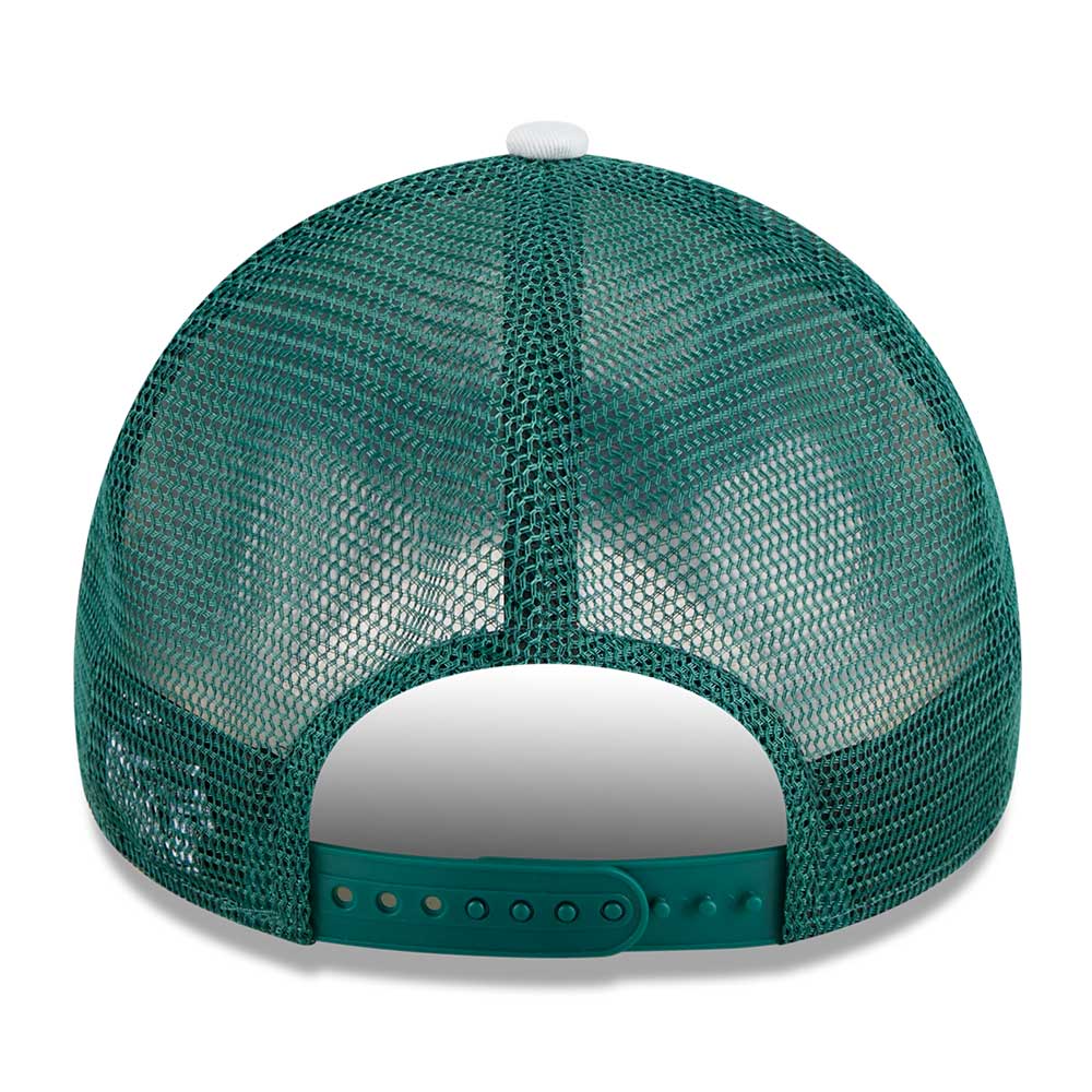 Green mesh cap with white brim on a white background