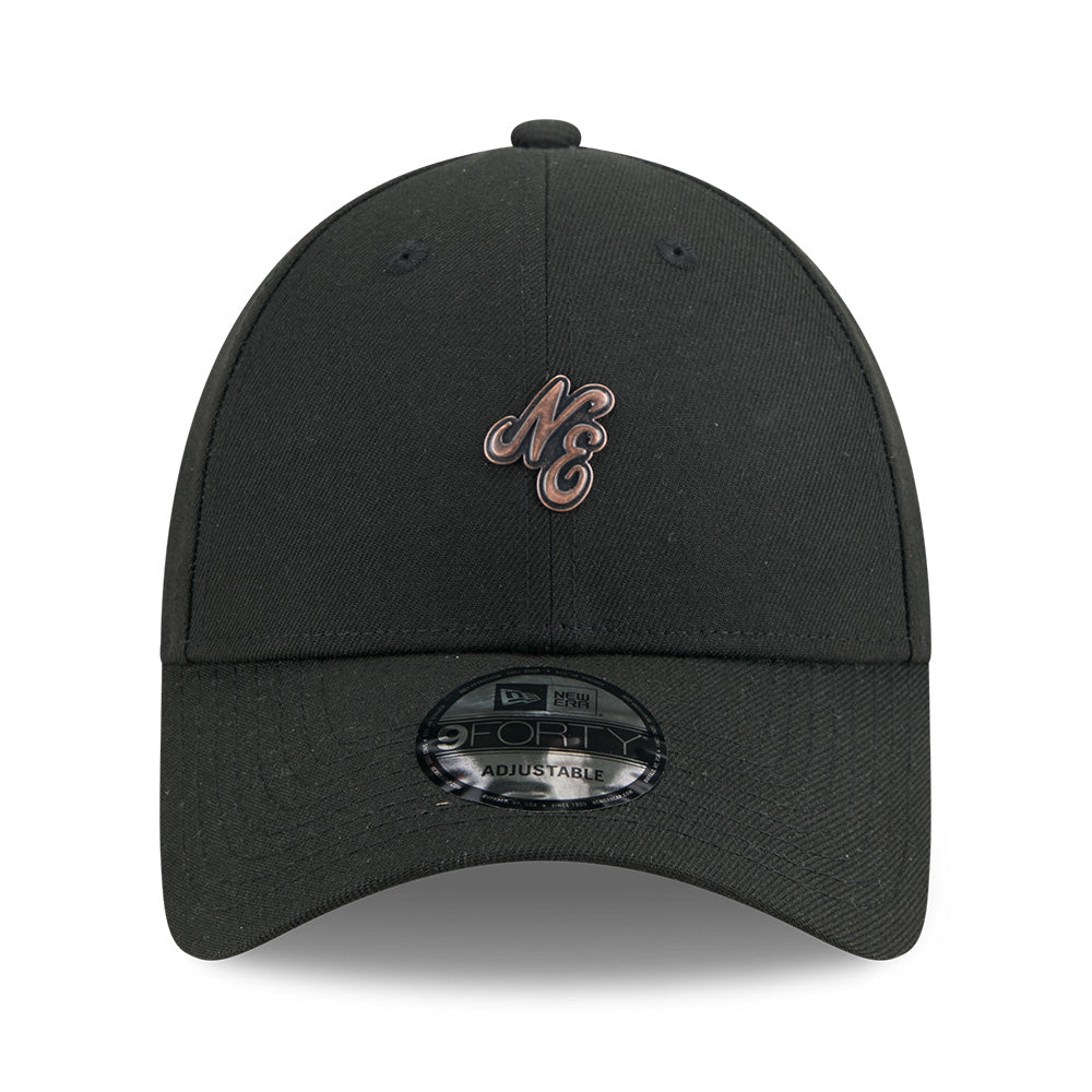 New Era NE Script Metal Bronze Badge Black 9FORTY Unstructured Adjustable Cap