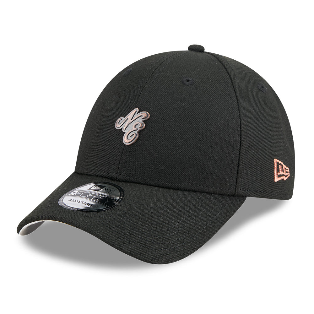 New Era NE Script Metal Bronze Badge Black 9FORTY Unstructured Adjustable Cap