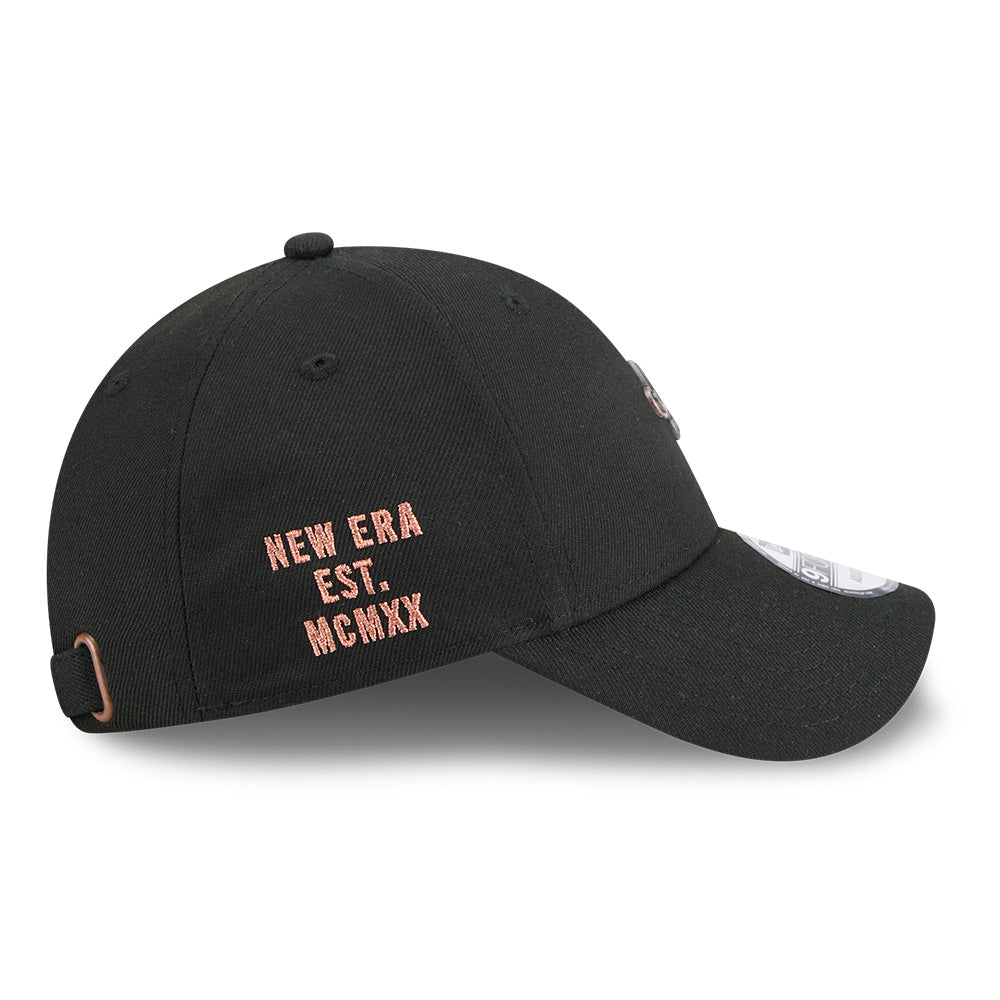 New Era NE Script Metal Bronze Badge Black 9FORTY Unstructured Adjustable Cap