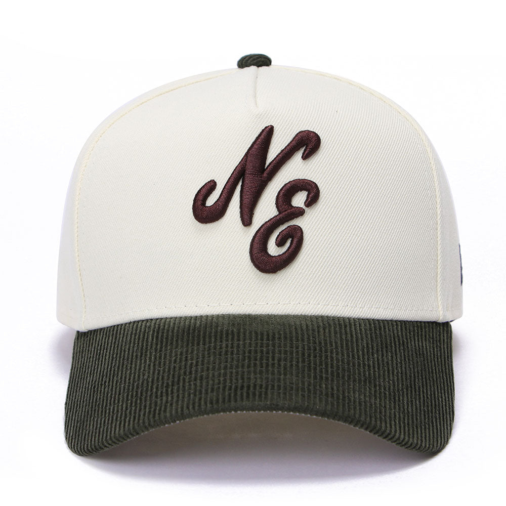 New Era Script Logo Chrome White Dark Green Corduroy 9FORTY A-Frame Adjustable Cap