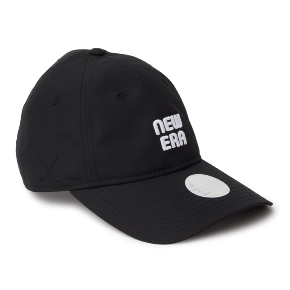New Era Wordmark Golf Women Black 9FORTY Long Visor Open Back Adjustable Cap