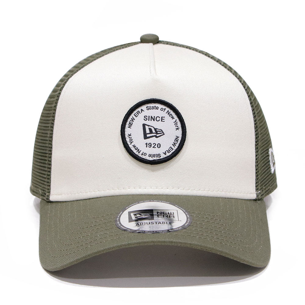 New Era Round Patch Chrome White Olive 9FORTY A-Frame Trucker Cap