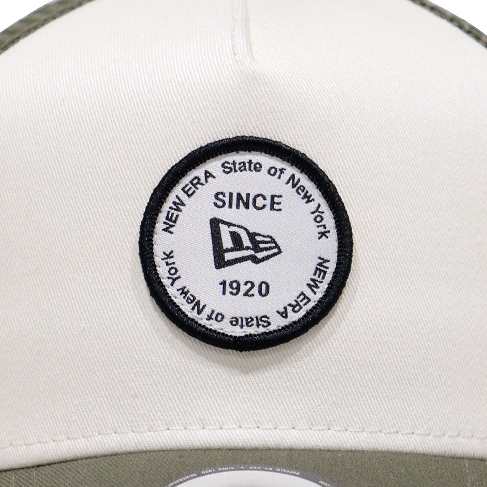 New Era Round Patch Chrome White Olive 9FORTY A-Frame Trucker Cap