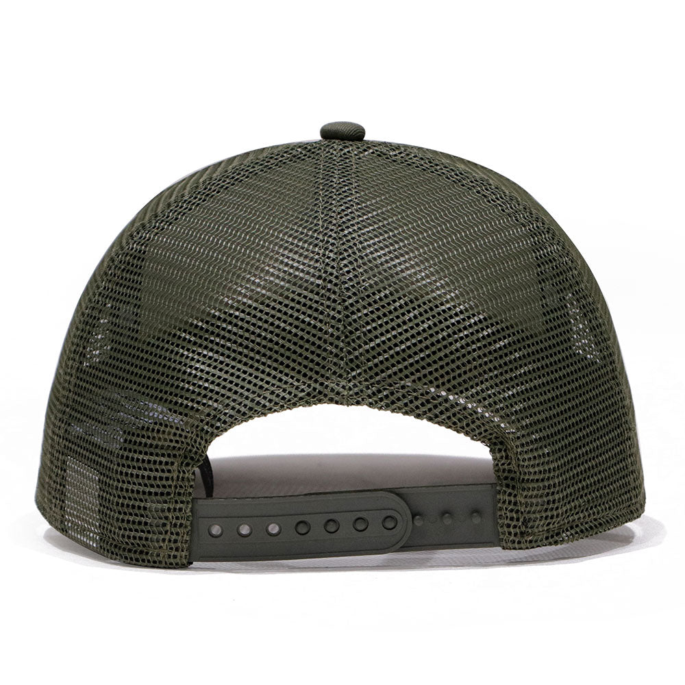 New Era Round Patch Chrome White Olive 9FORTY A-Frame Trucker Cap