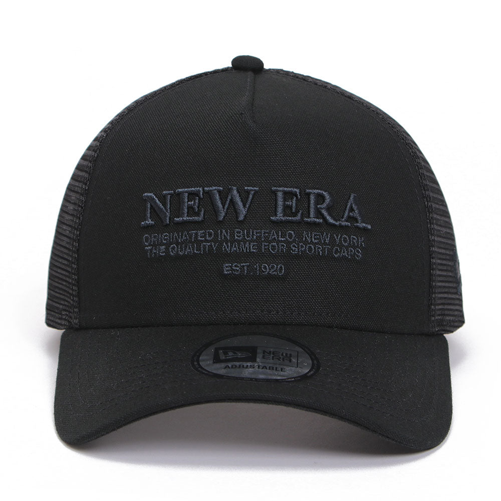 New Era Wordmark Logo Duck Canvas Black 9FORTY A-Frame Trucker Adjustable Cap